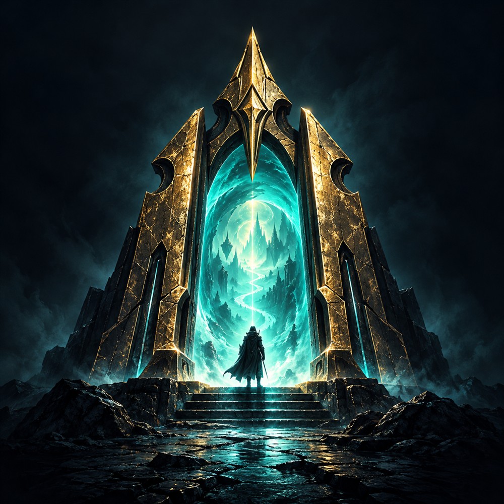 A Realmwalker stands before a glowing portal to distant towers.
